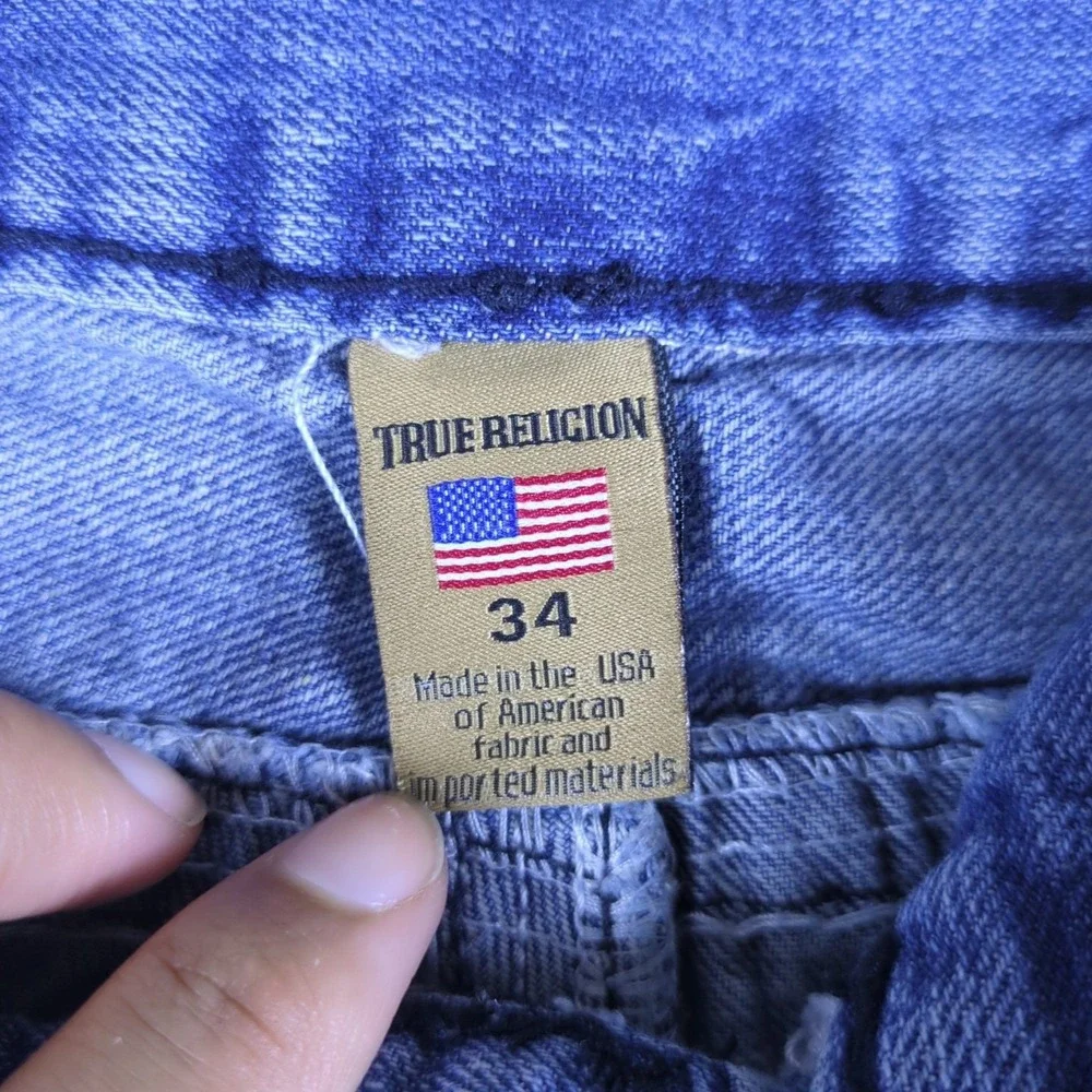 True Religion Ricky Jeans Mens 34x31 Blue Distressed Stone Wash Flap Pockets USA
